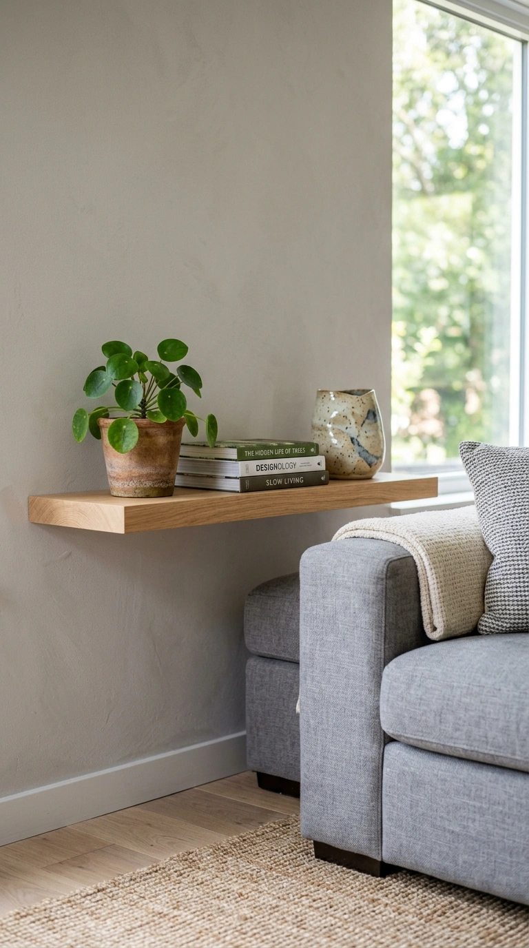 018 Low Wood Shelving A low floating wood shelf on a w