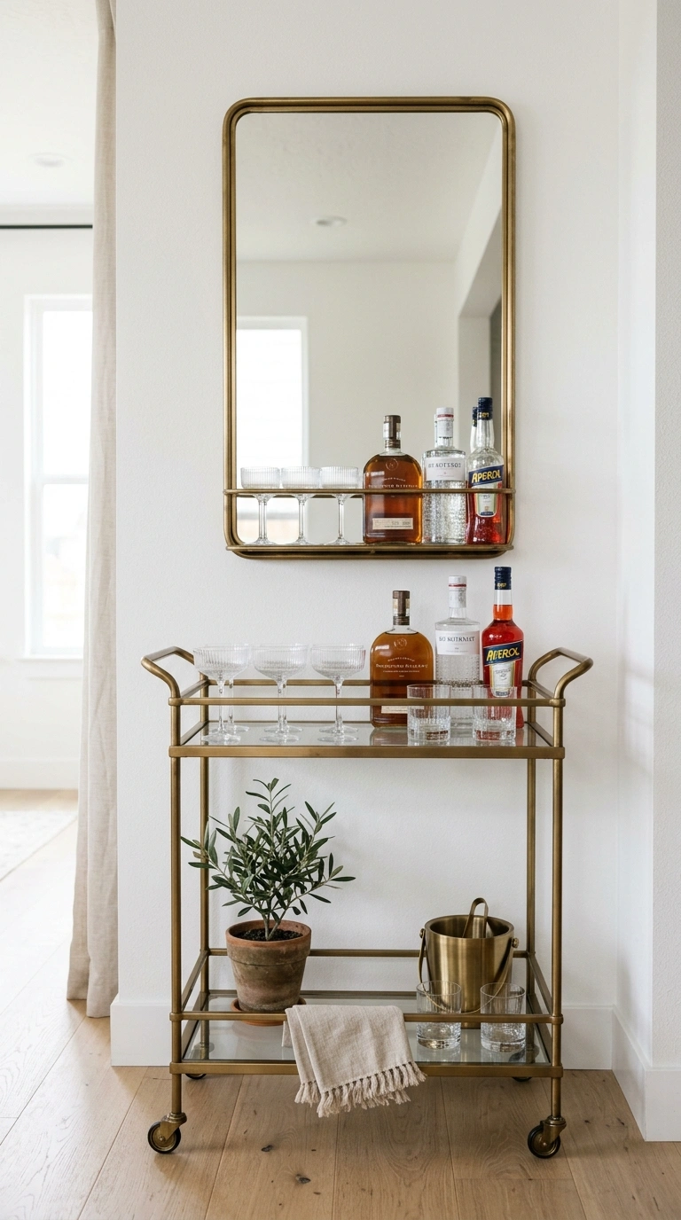 018 Mirror Behind Bar Cart A brass framed rectangular