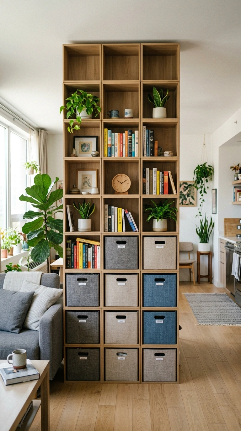 21 Smart Bedroom Divider Ideas for Stylish Studio Apartments 19 018 Modular Storage Cubes A grid of neutral wood stora