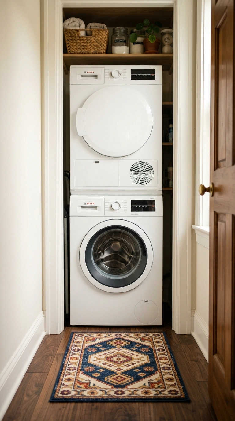 18 Inspiring Super Small Laundry Room Ideas for Apartment Renters 19 018 Personality Rug Accent A small patterned machine w