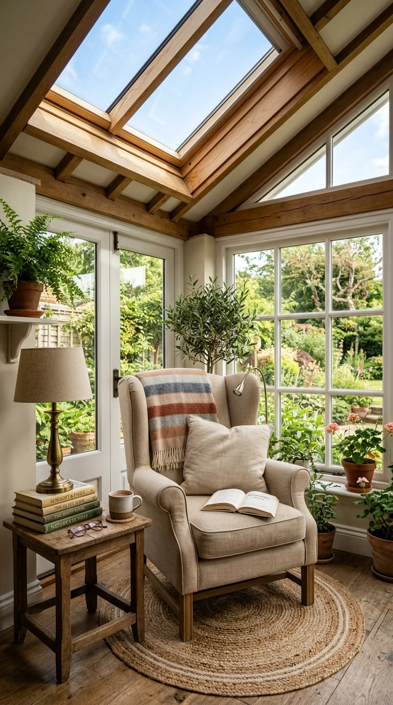 18 Sunroom Ideas for a Bright and Cozy Retreat 19 018 Skylight Reading Spot A sunroom chair with a high
