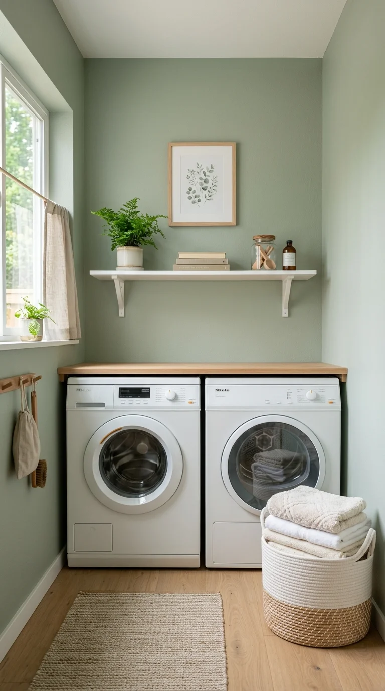 018 Soft Green Walls A small laundry room with sage gr