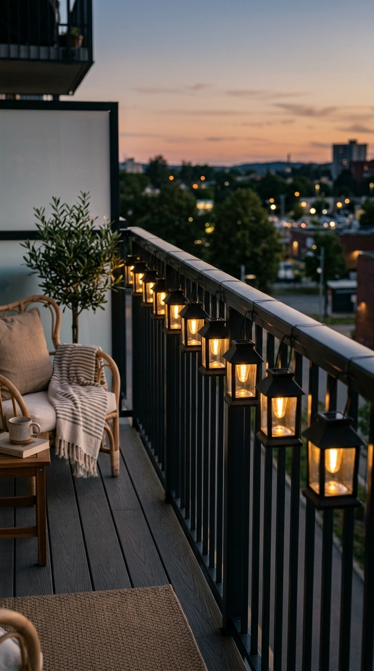 018 Solar Lantern Row A balcony railing lined evenly w
