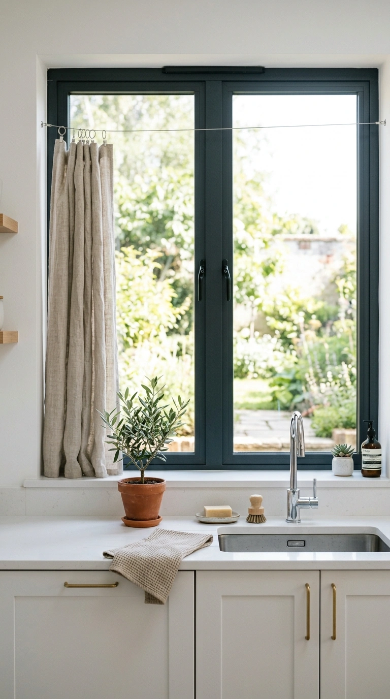 018 Tension Rod Wire A modern kitchen sink window with