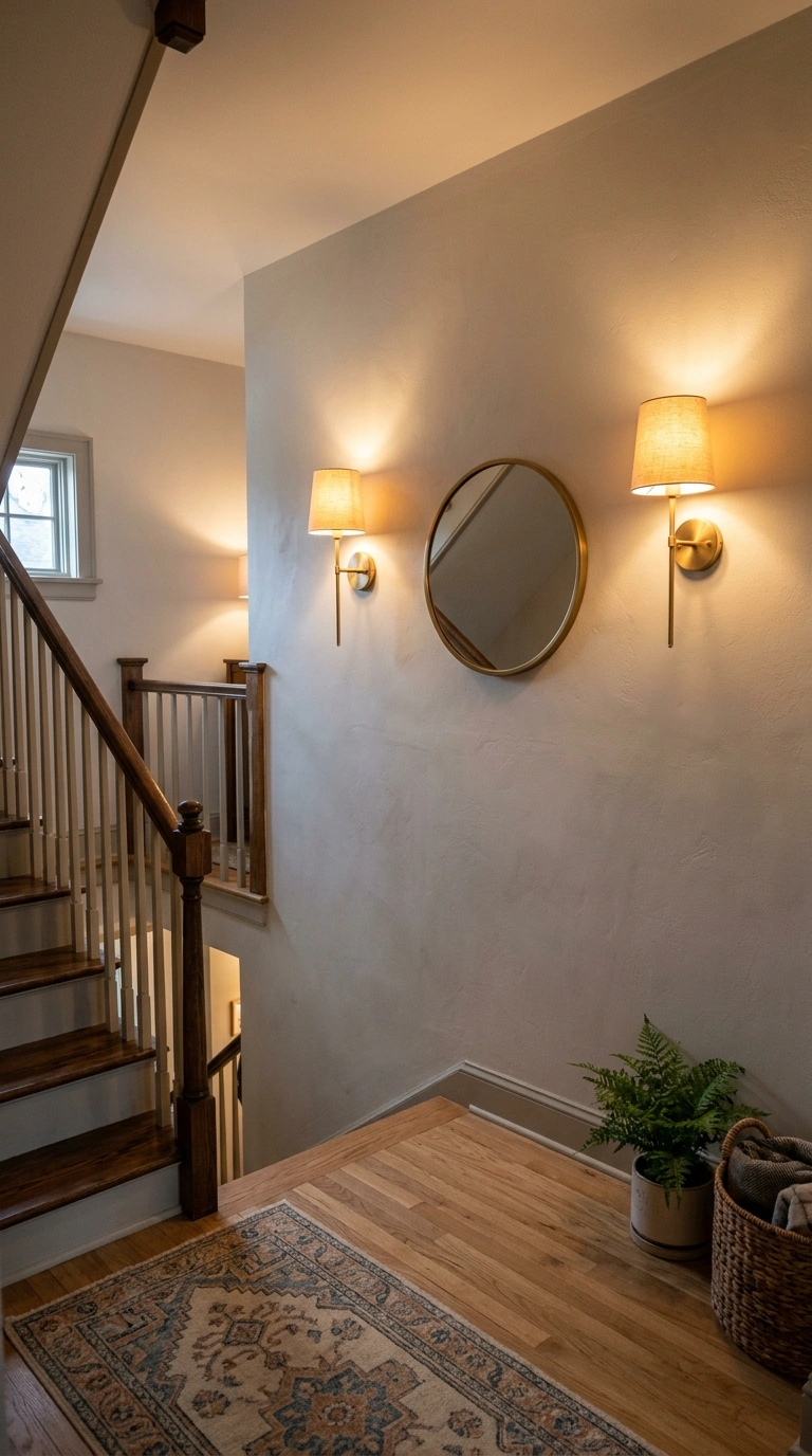 19 Stair Landing Decor Ideas to Make the Most of Your Space 19 018 Wall Sconce Lighting A stair landing wall with a s