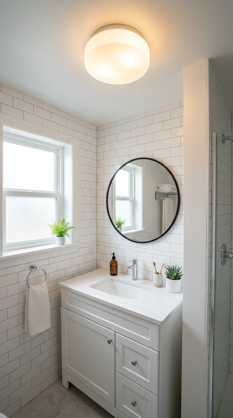 019 Half Wall Divider A tiled half wall at chest he Bright ceiling light in bathroom 20260911175548