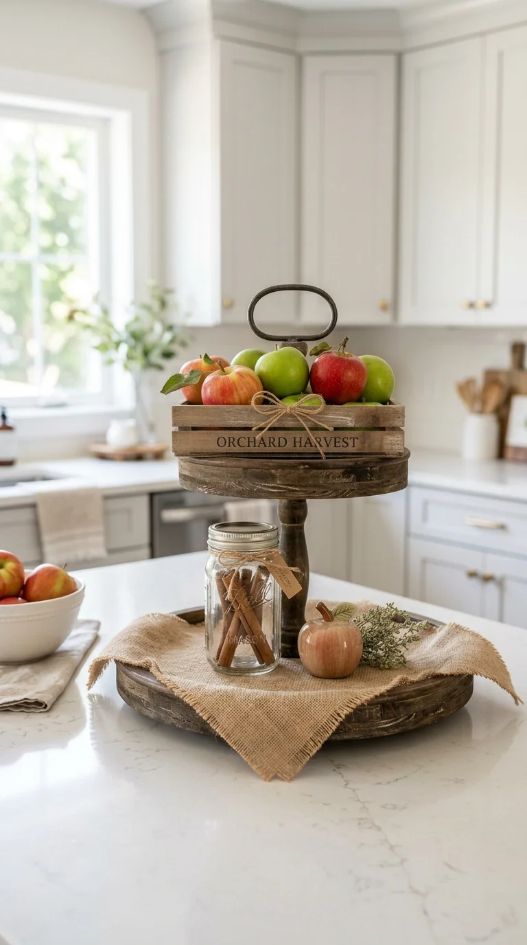 019 Apple Orchard Tray A tiered tray on a kitchen coun