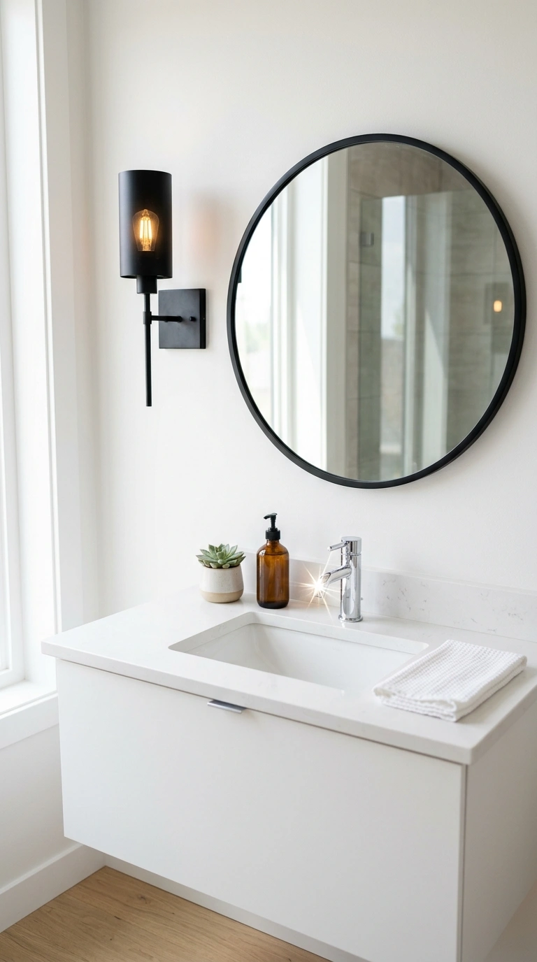 21 Bathroom Wall Decor Ideas for Black, Red & Chrome Themes + Smart Shower Storage 20 019 Black Metal Sconce A black metal wall sconce mount