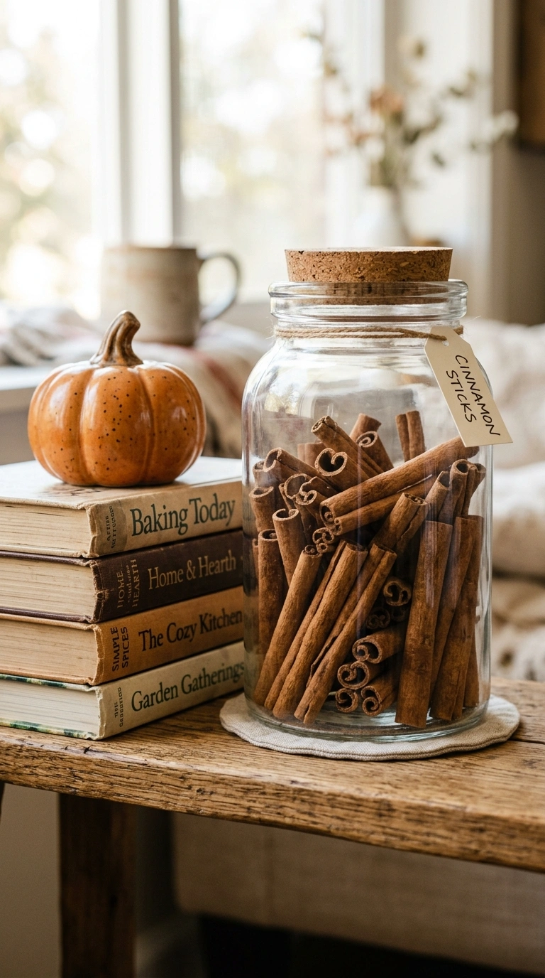 19 Trendy Fall Shelf Decor Ideas for Any Room 20 019 Cinnamon Stick Jar A clear glass jar filled three