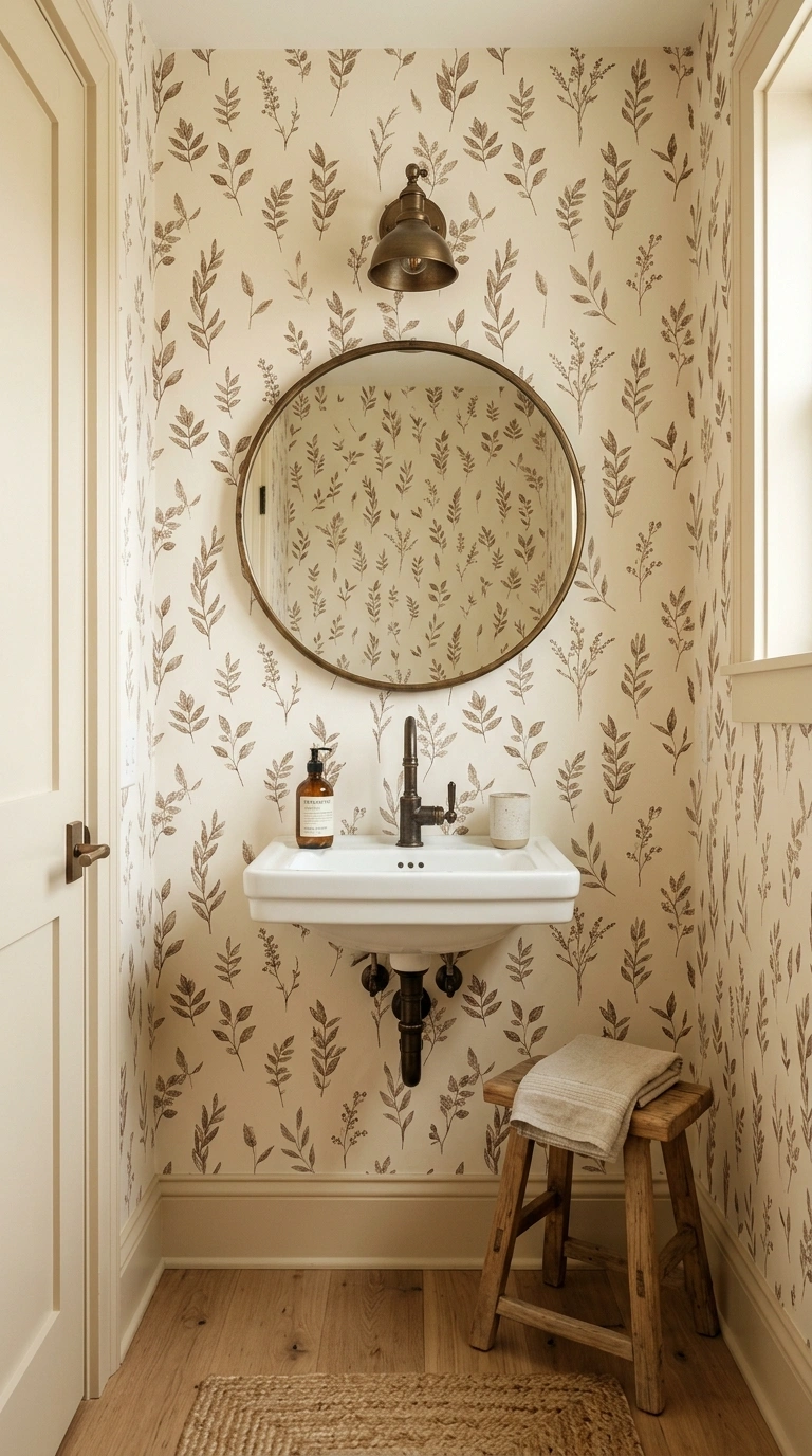 019 Earthy Botanical Wallpaper A small powder room wit