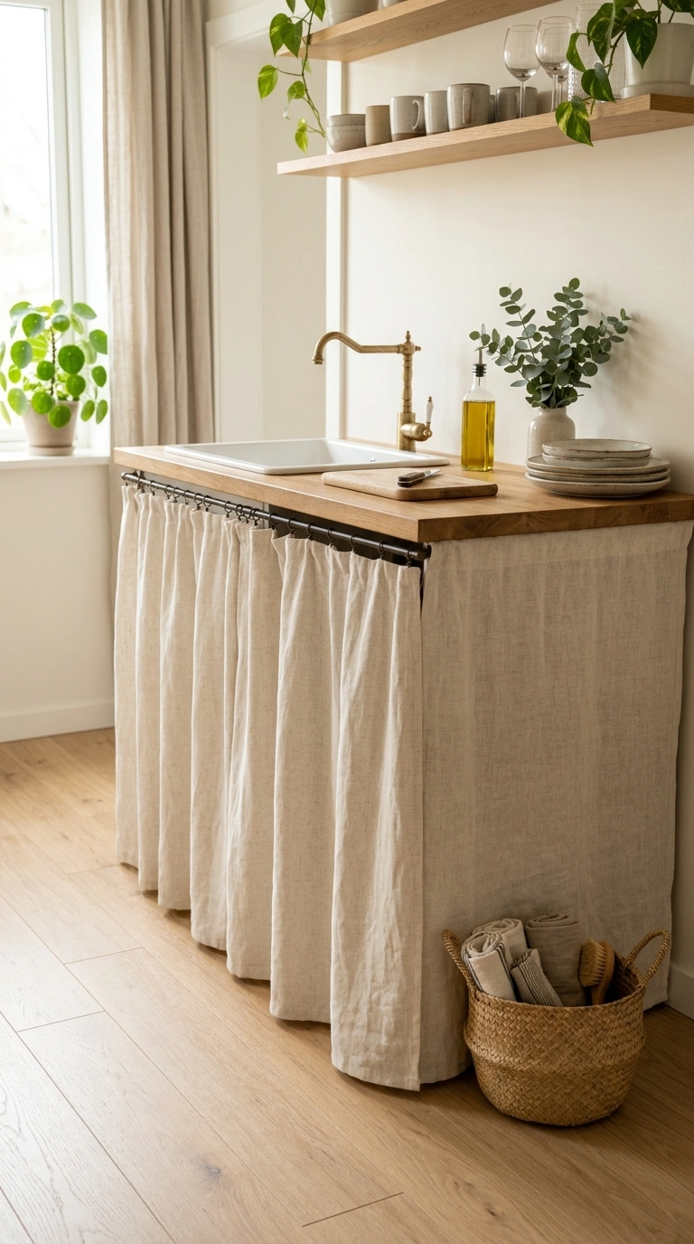 019 Fabric Cabinet Skirt A small kitchenette counter w