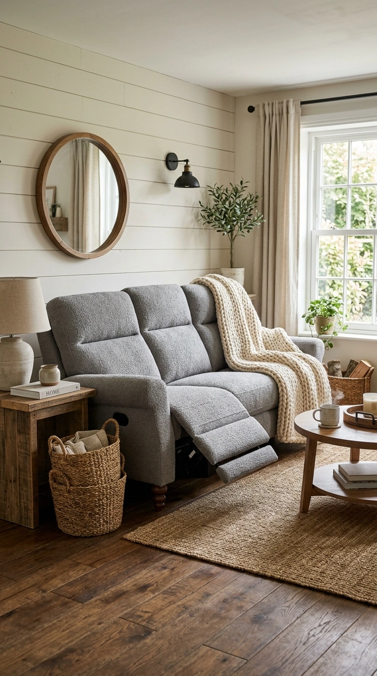 019 Farmhouse Style Recliner A living room with a soft