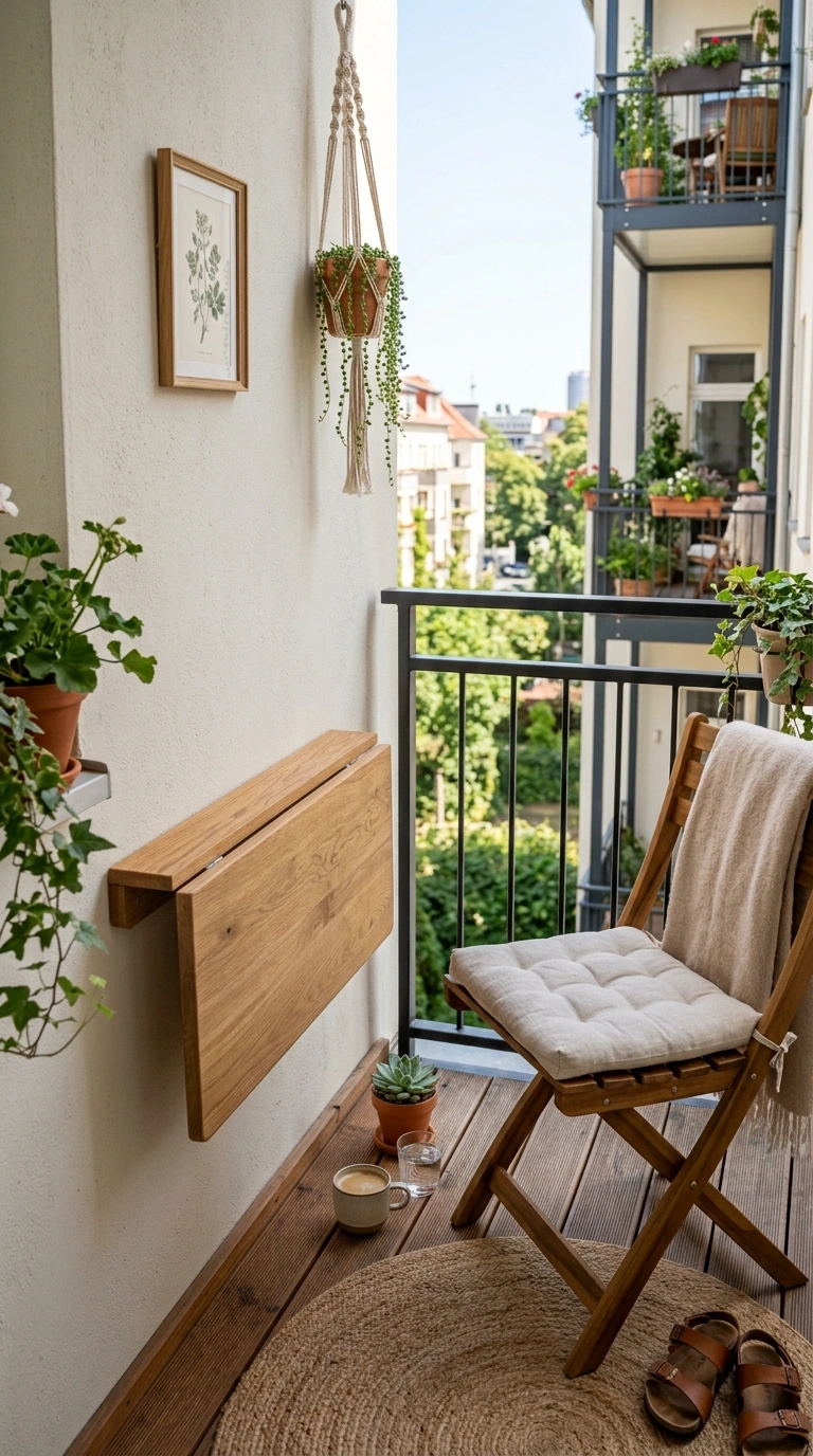 019 Foldable Wall Table A small balcony with a wood fo