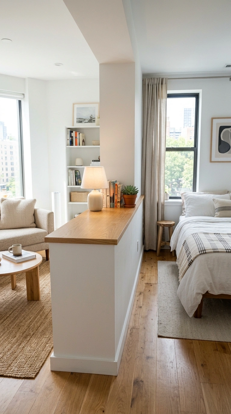 21 Smart Bedroom Divider Ideas for Stylish Studio Apartments 20 019 Half Wall Partition A low white half wall with a w