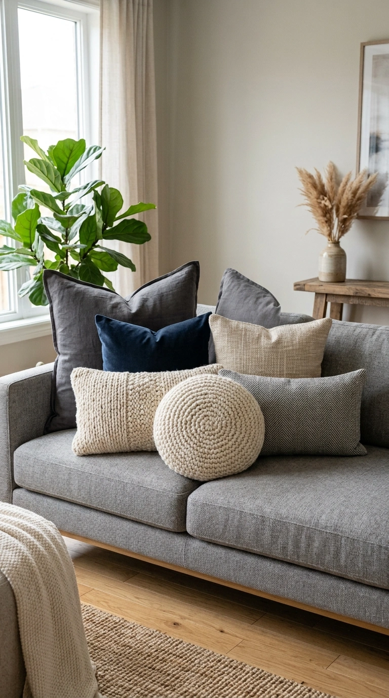 019 Layered Throw Pillows A grey fabric couch styled w
