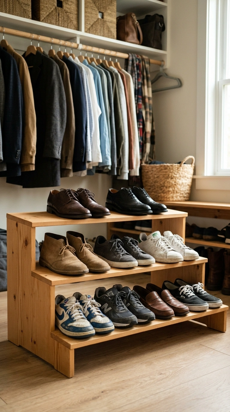 019 Multi Level Shoe Shelf A tiered wood shoe shelf wi