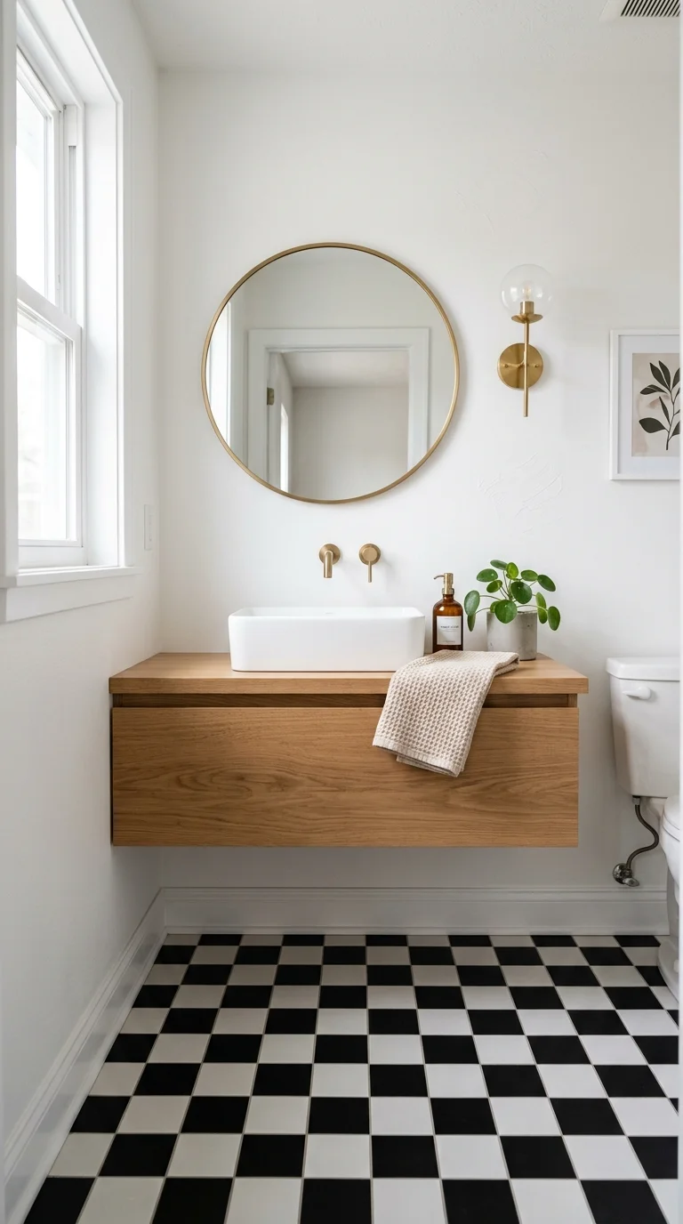 019 Patterned Floor Tile A small powder room with blac