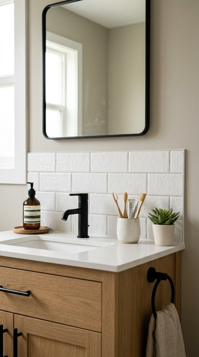24 Bathroom Backsplash Ideas For Every Budget And Style 20 019 Peel And Stick Tile A rental bathroom vanity with