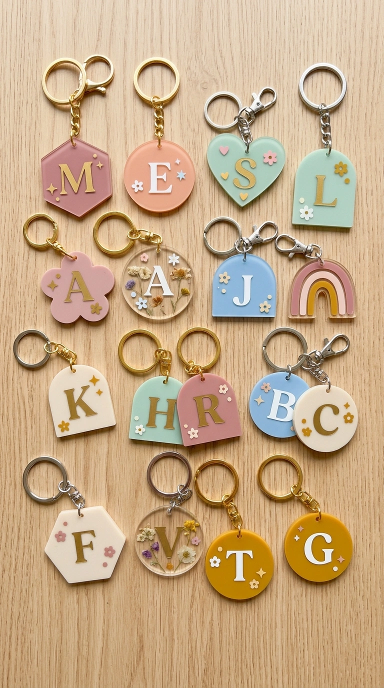 019 Personalized Keychains A flat lay of several small