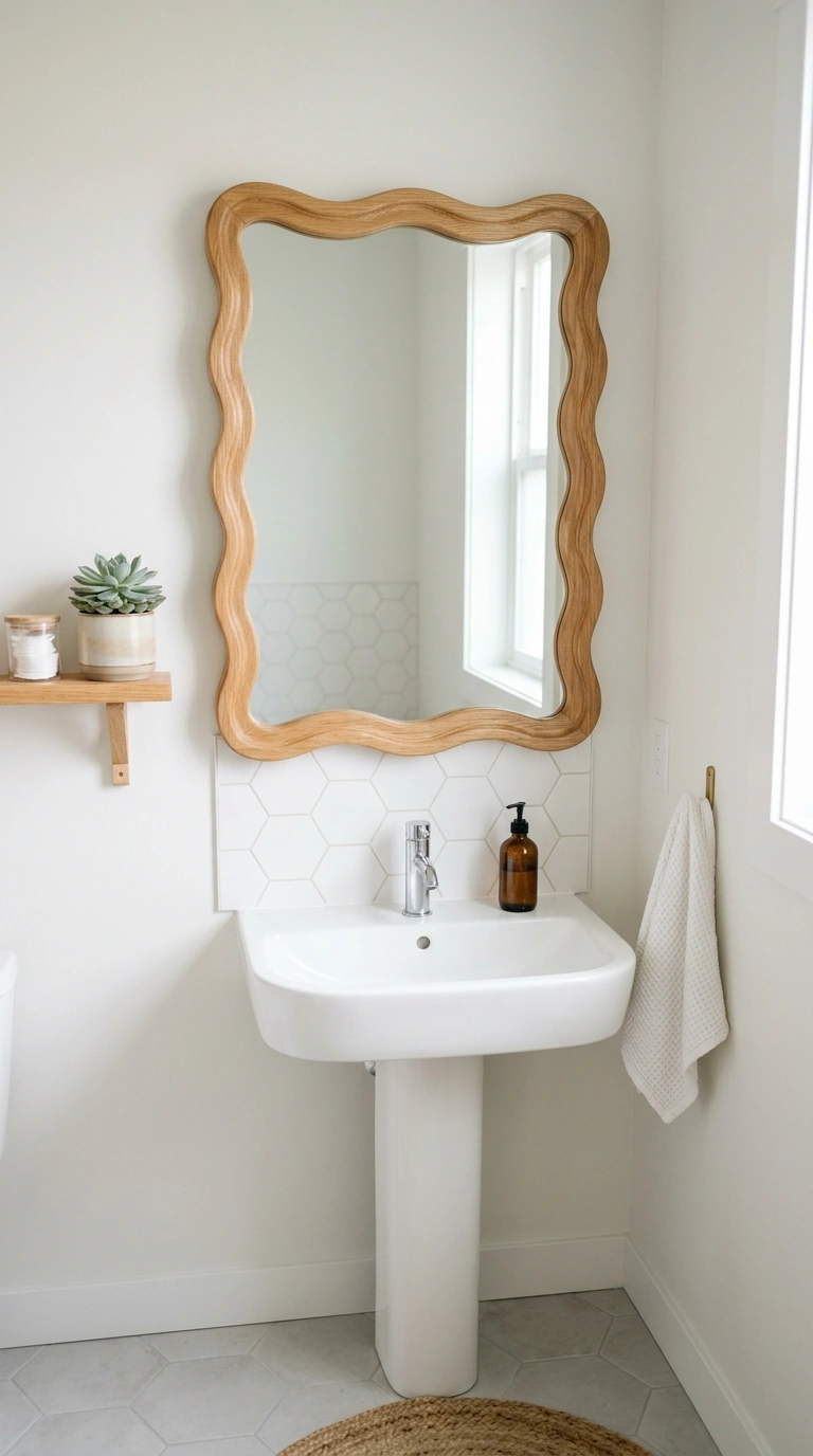 019 Scalloped Mirror Shape A small bathroom with a wav