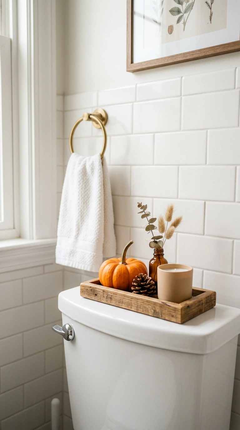 019 Seasonal Decor Tray A bathroom with a small wood t