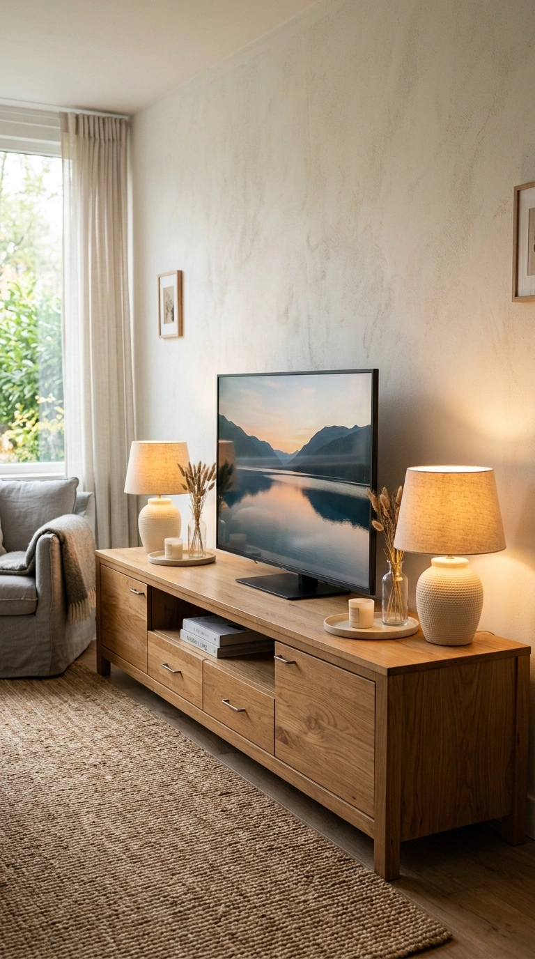 019 Symmetrical Lamp Pair A long wood TV console with