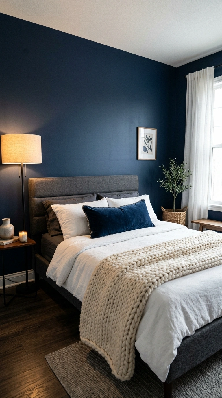 21 Colors That Pair Perfectly With Navy Blue 21 020 20 Navy And Charcoal A bedroom with navy blue wall