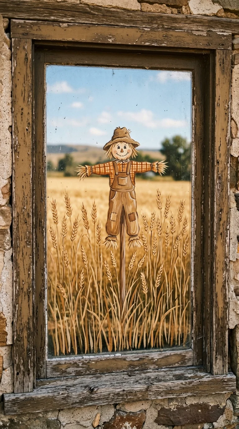 22 Halloween Window Painting Ideas to Make Your Home Stand Out 21 020 20Scarecrow in Field A window painted with a simpl