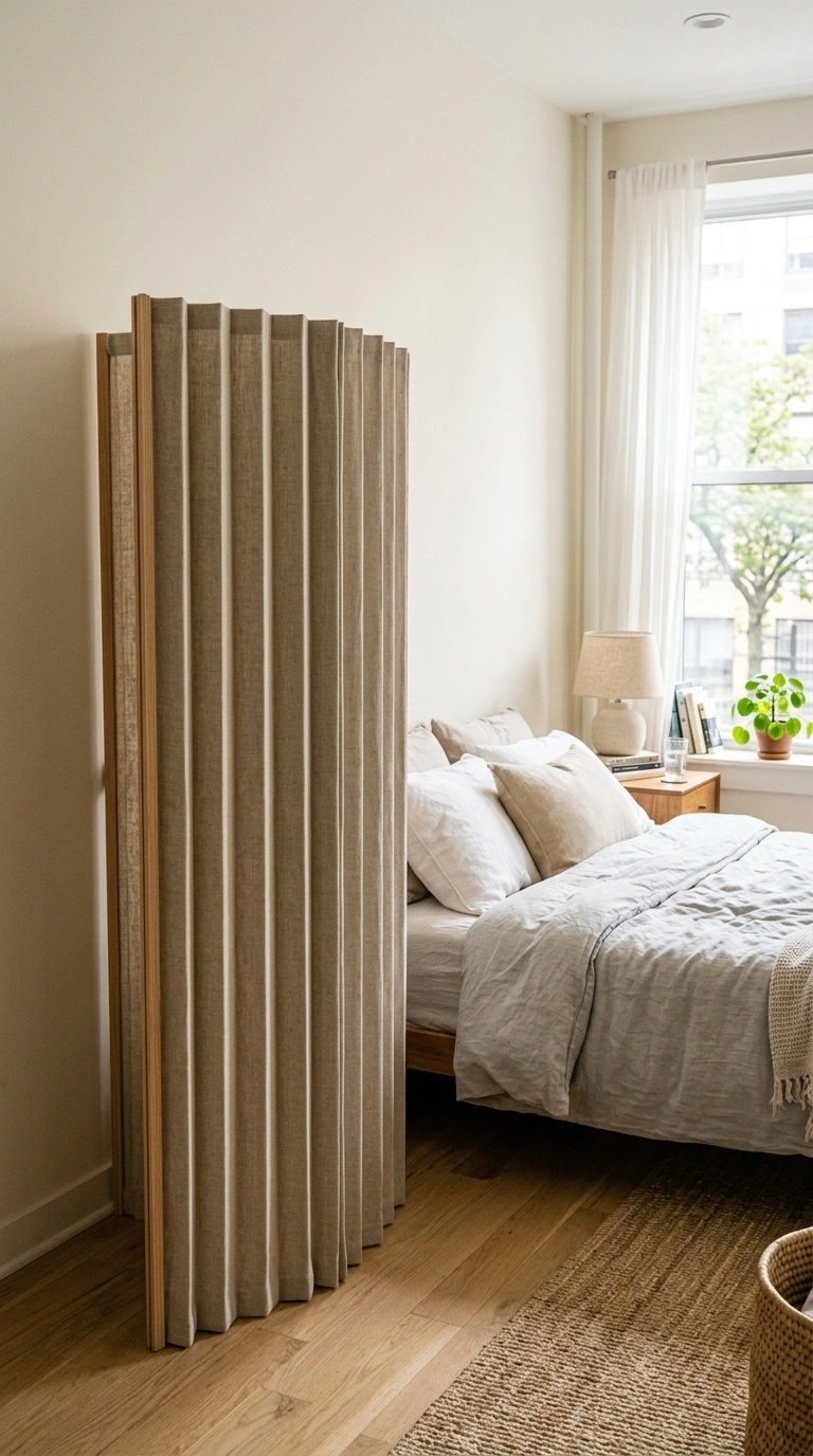 21 Smart Bedroom Divider Ideas for Stylish Studio Apartments 21 020 Accordion Fabric Screen A pleated fabric accordion