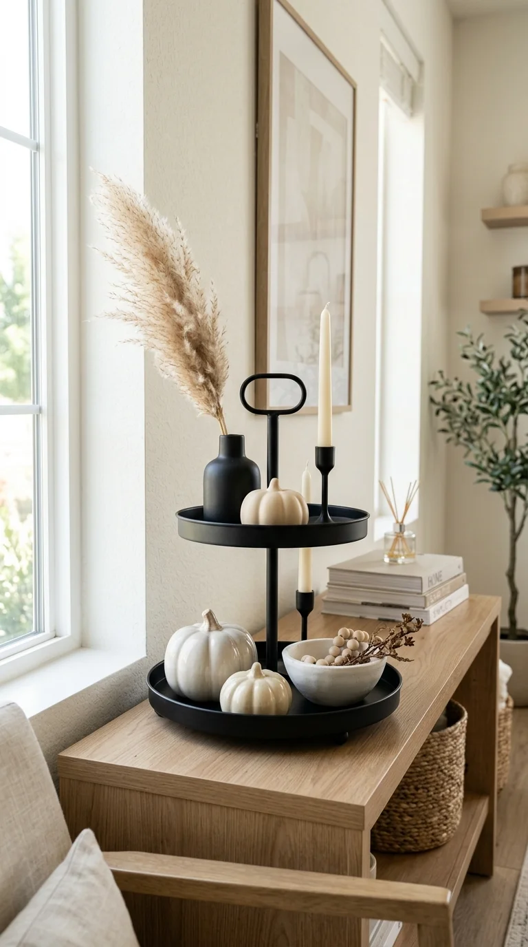 020 Black and Cream Tray A black metal tiered tray on