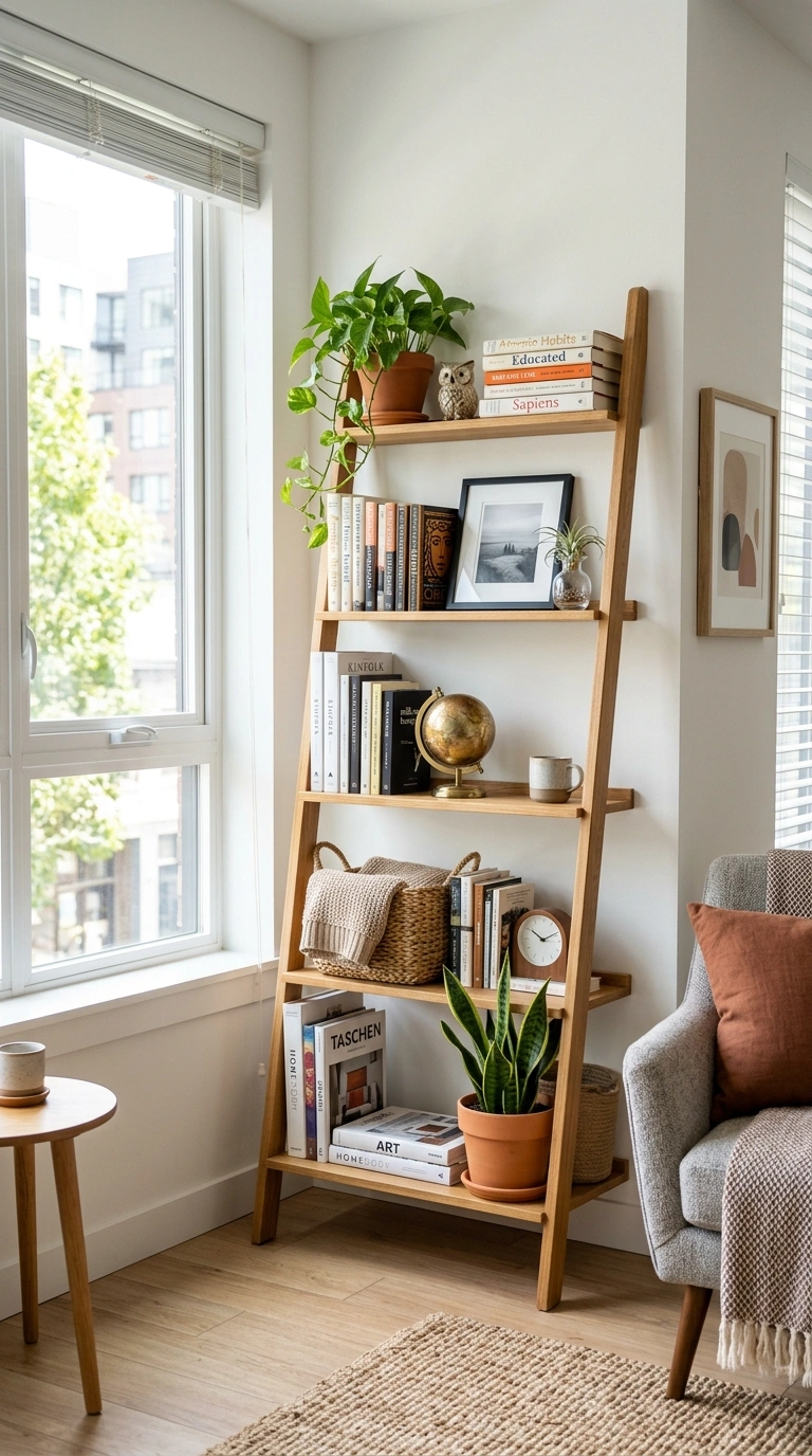 020 Ladder Shelf Display A studio apartment corner wit