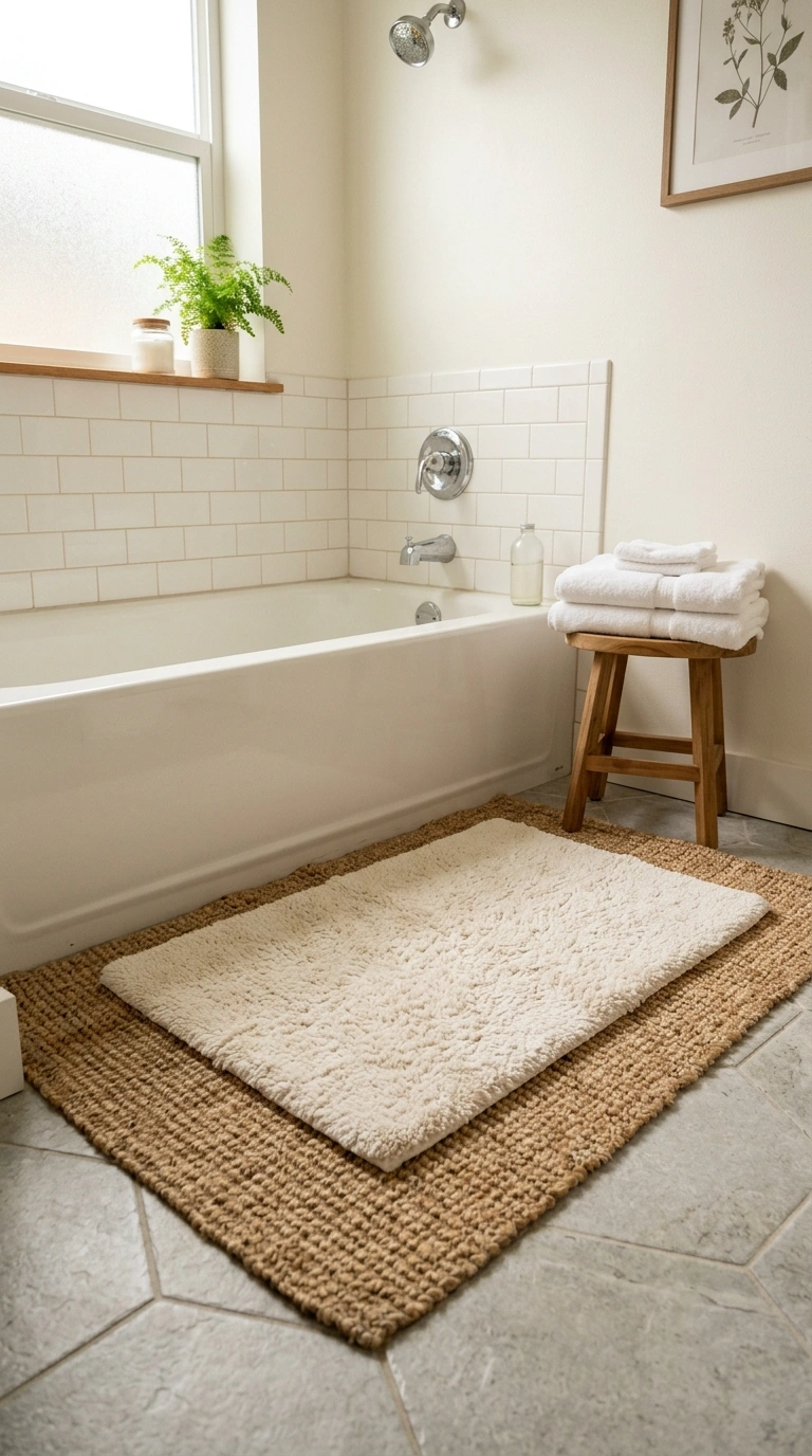 020 Layered Rug Look A small bathroom floor with a wov