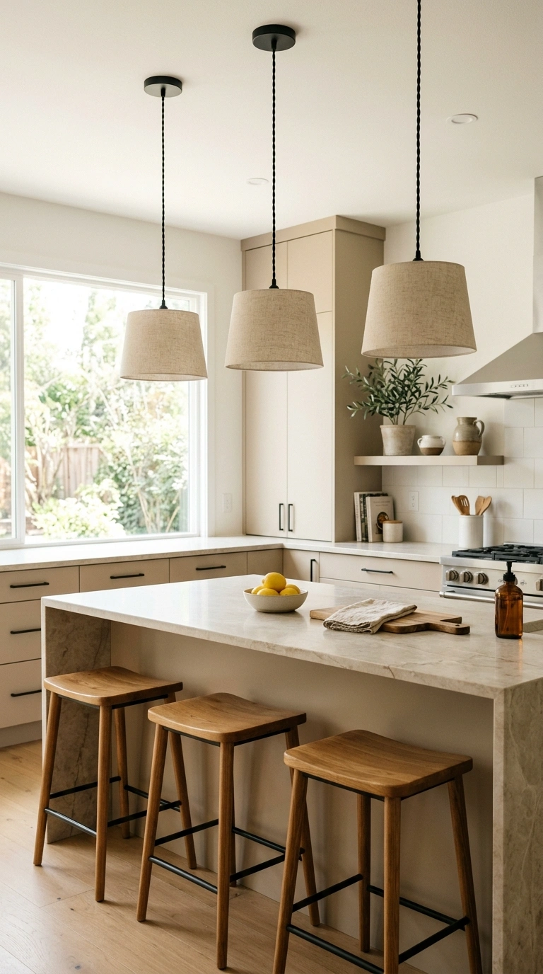 020 Linen Pendant Lights Three pendant lights with oat