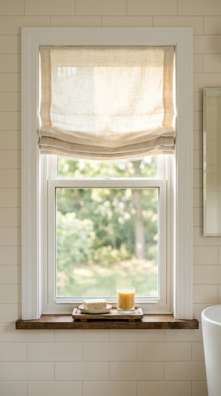 020 Linen Window Shade A cream Roman shade halfway up