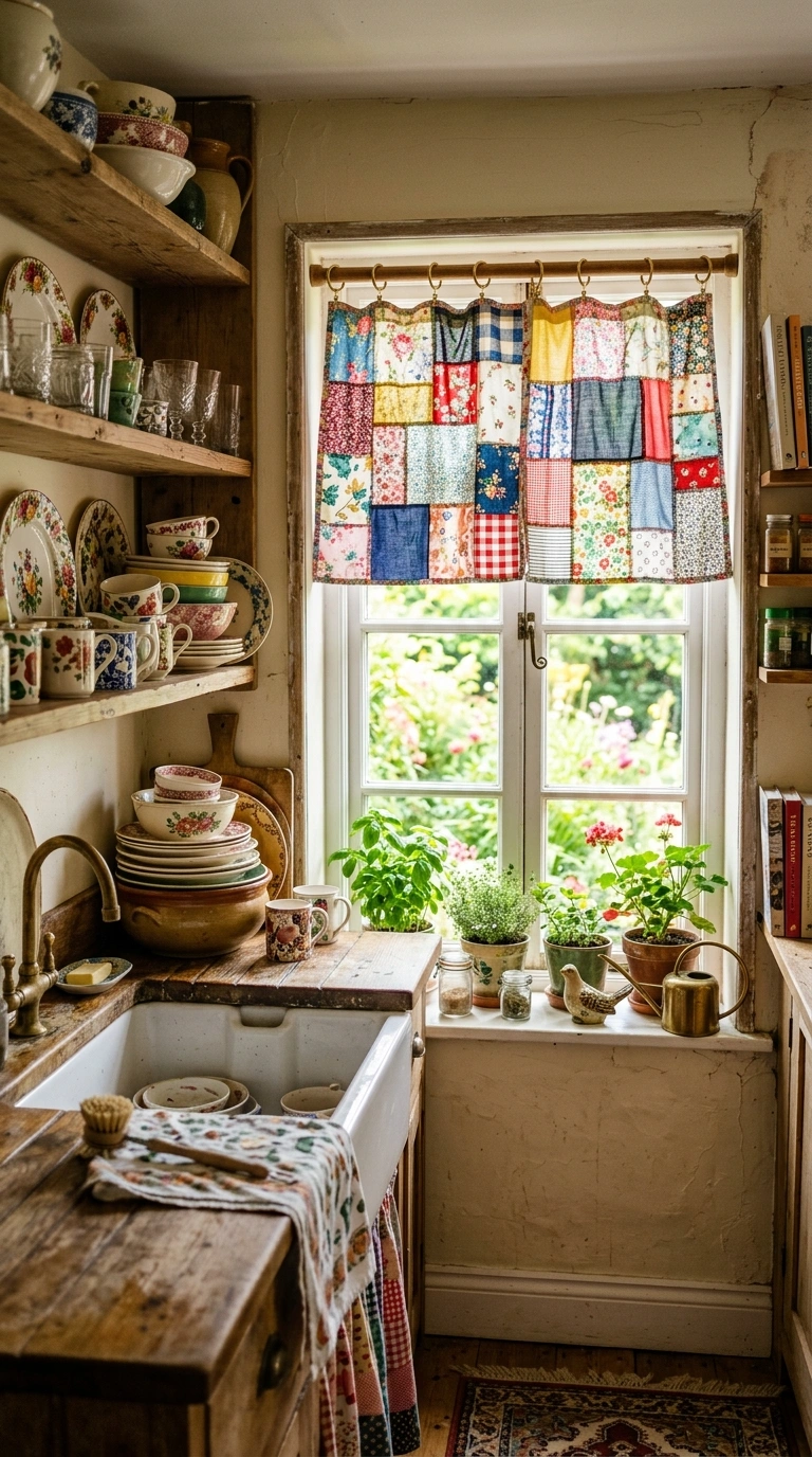 020 Patchwork Fabric Curtains A colorful eclectic kitc