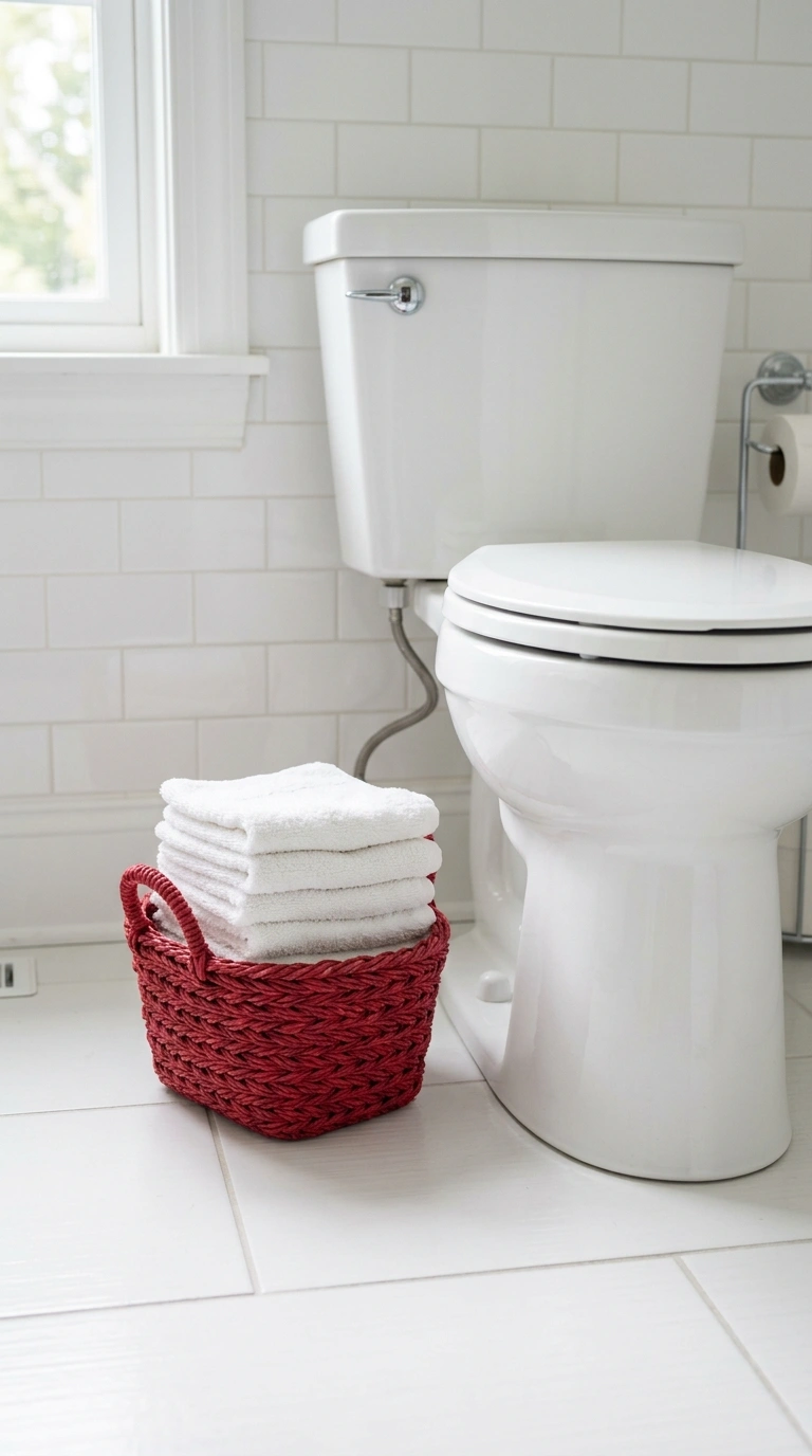 21 Bathroom Wall Decor Ideas for Black, Red & Chrome Themes + Smart Shower Storage 21 020 Red Accent Basket A small red woven basket placed