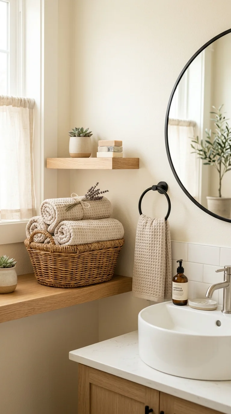 020 Warm Towel Display A powder room with rolled oatme