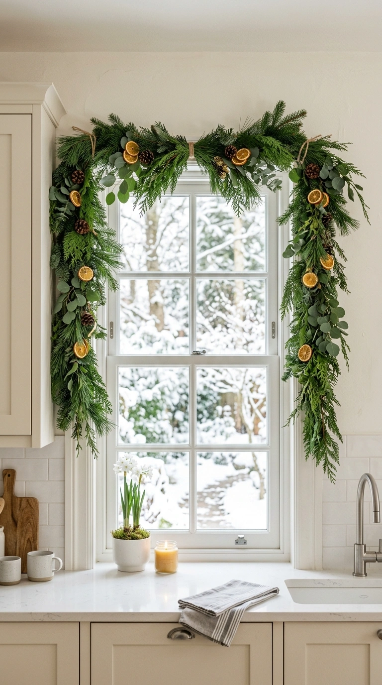 020 Winter Greenery Swag A kitchen window framed with
