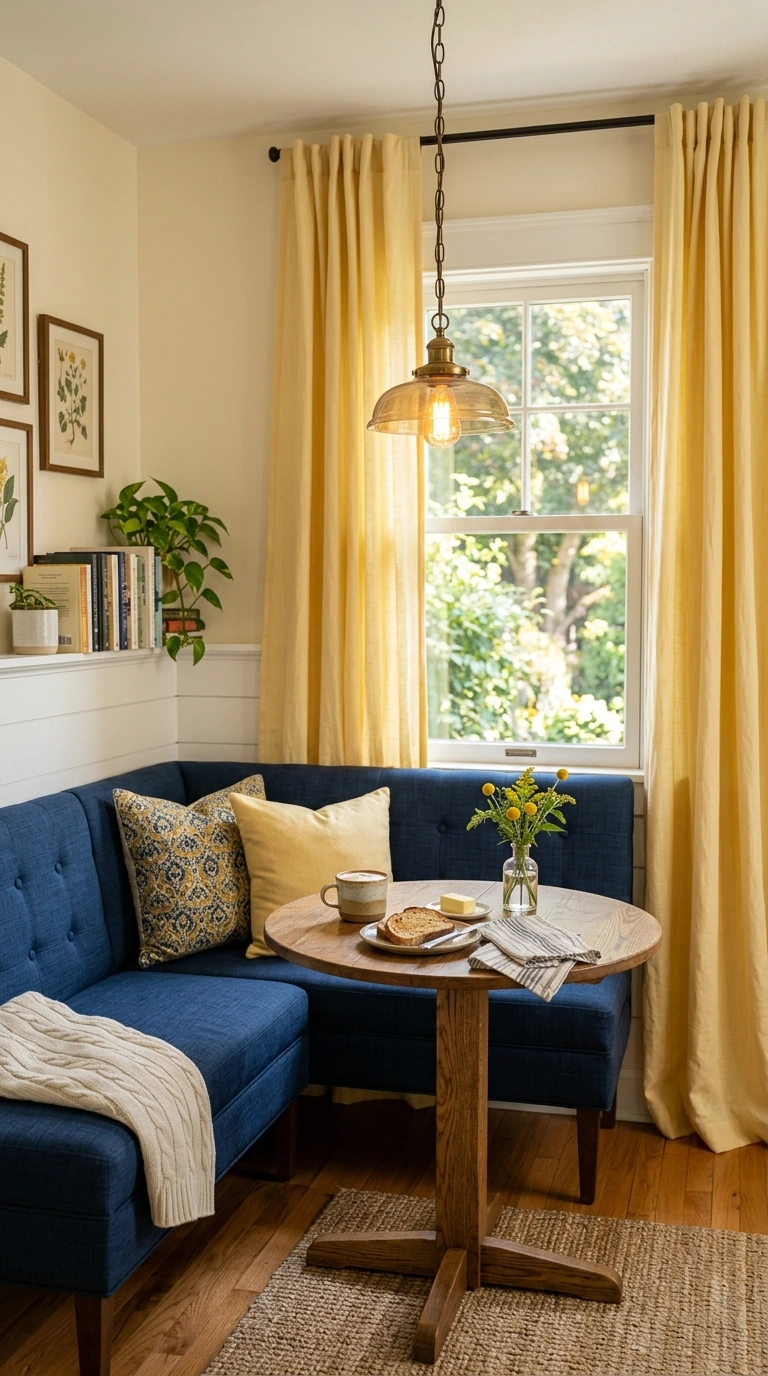 21 Colors That Pair Perfectly With Navy Blue 22 021 21 Navy And Butter Yellow A breakfast nook with a