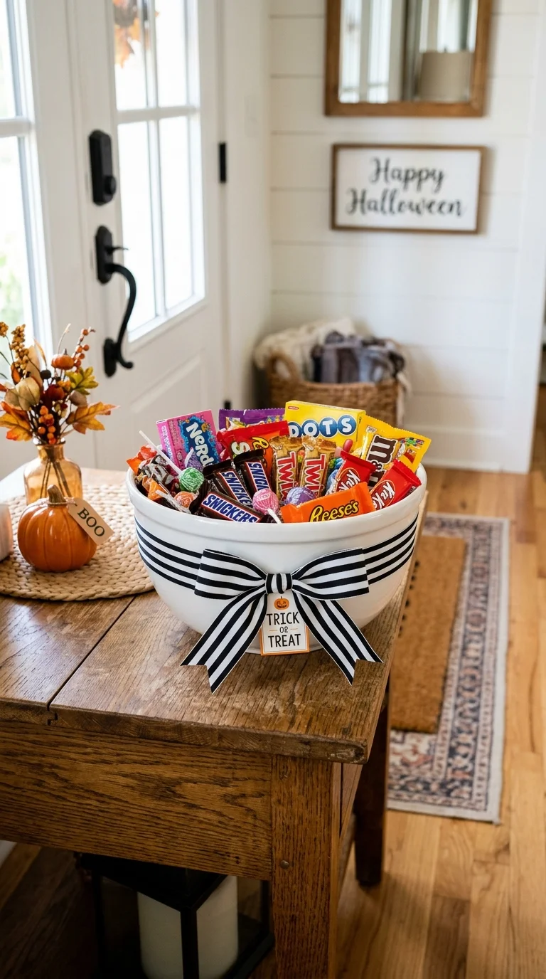 21 Dollar Tree Halloween DIY Ideas for a Spooky Home 22 021 21Trick or Treat Bowl A white ceramic bowl wrapped