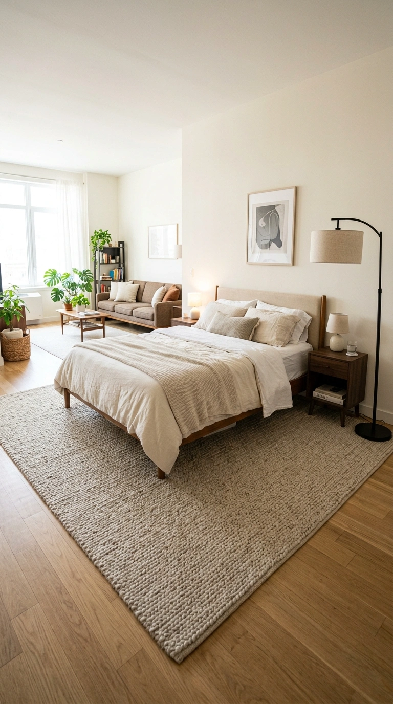 21 Smart Bedroom Divider Ideas for Stylish Studio Apartments 22 021 Area Rug Zoning A large neutral textured area rug