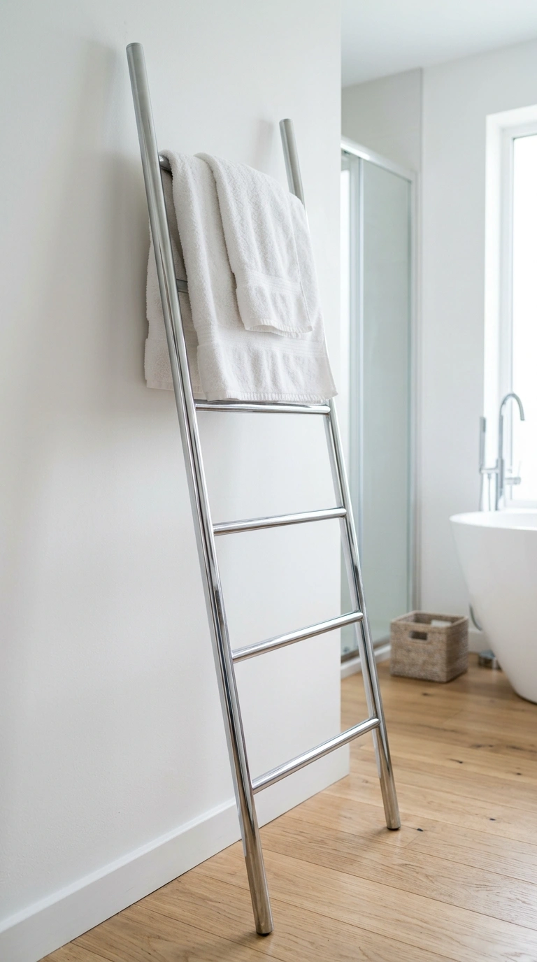 21 Bathroom Wall Decor Ideas for Black, Red & Chrome Themes + Smart Shower Storage 22 021 Chrome Ladder Rack A freestanding chrome ladder st