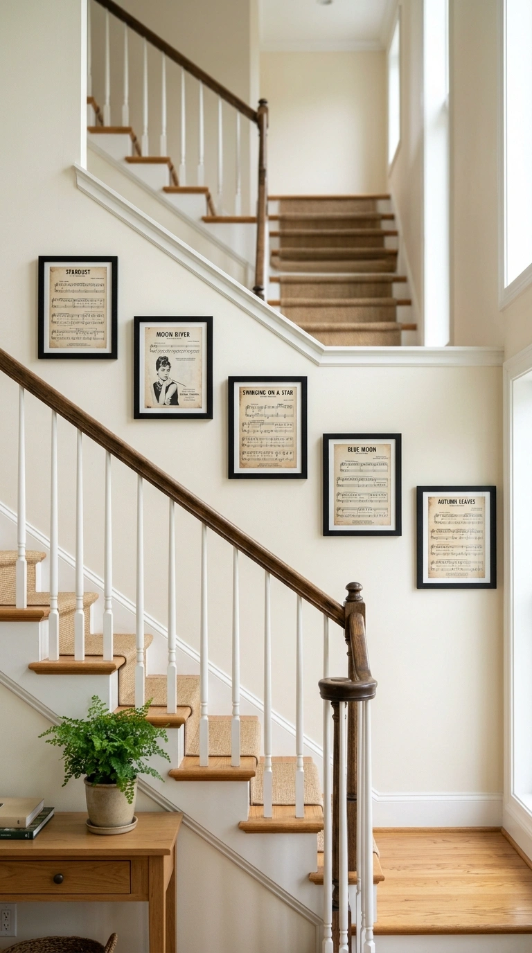 021 Framed Sheet Music A staircase wall featuring a sm