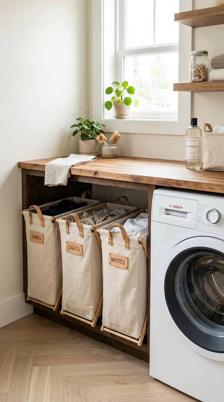 021 Pull Out Hampers Three narrow canvas pull out hamp