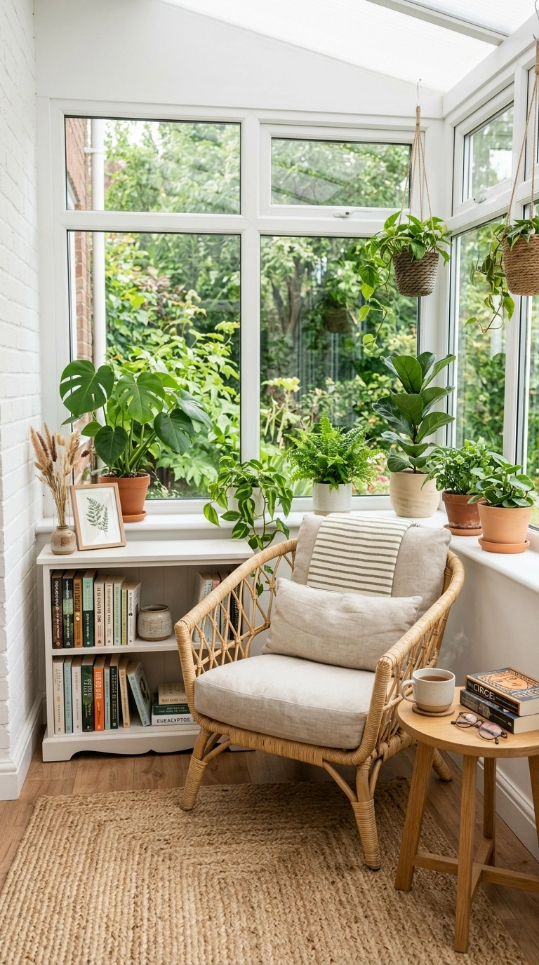 21 Small Home Library Ideas for Book Lovers 22 021 Sunroom Book Corner A sunroom with a low white boo