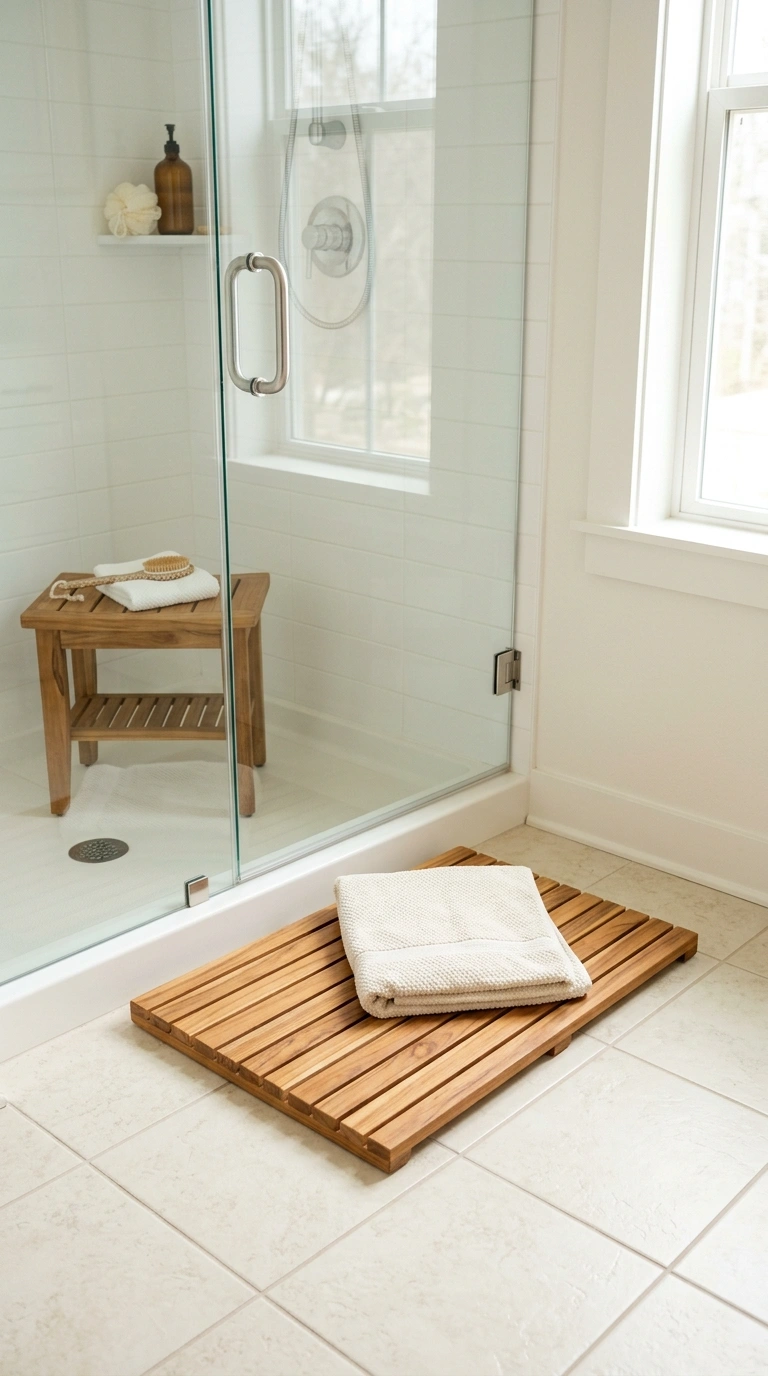 021 Teak Bath Mat A slatted teak bath mat in front of