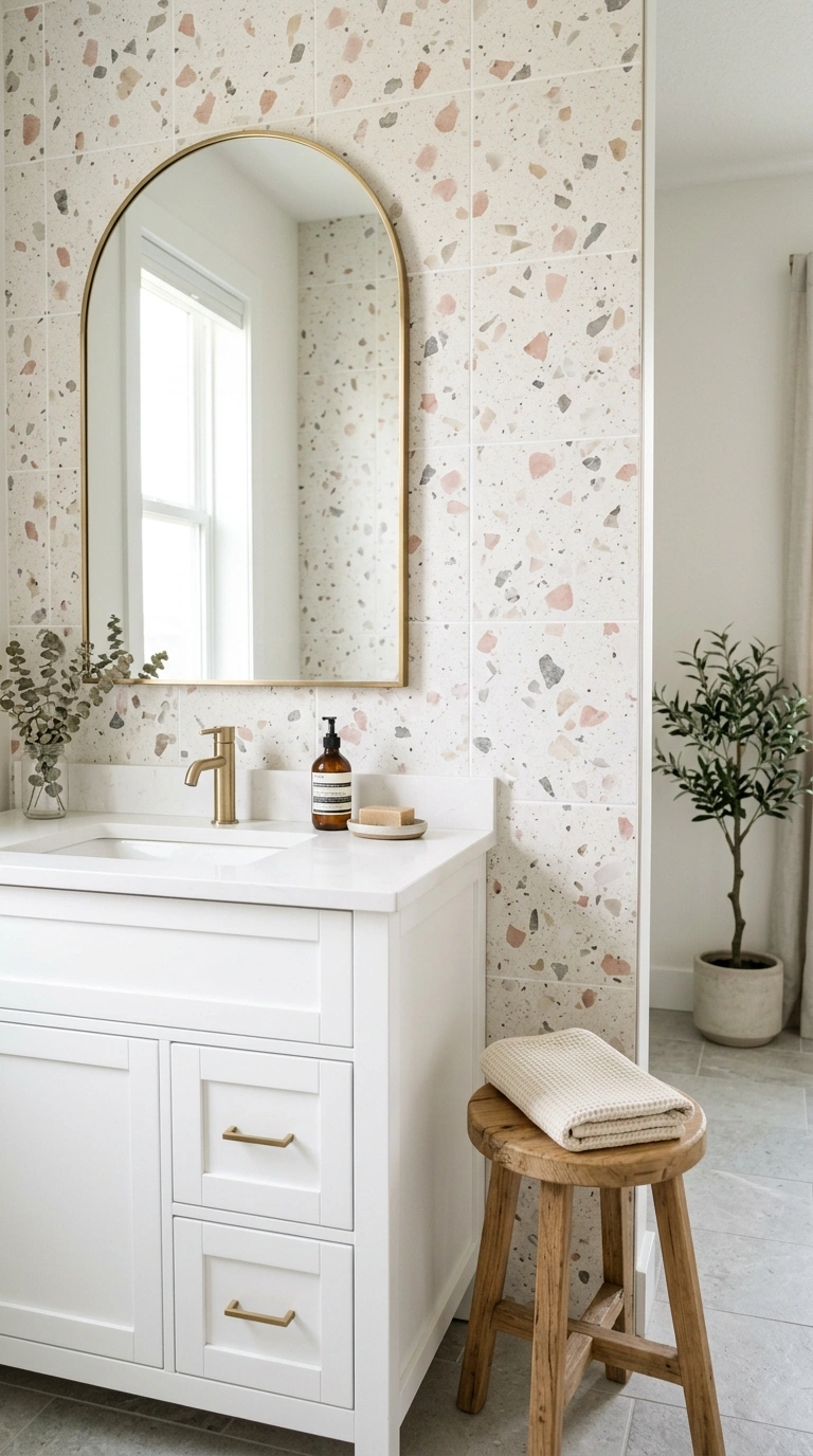 24 Bathroom Backsplash Ideas For Every Budget And Style 22 021 Terrazzo Look Tile A white vanity with large squar