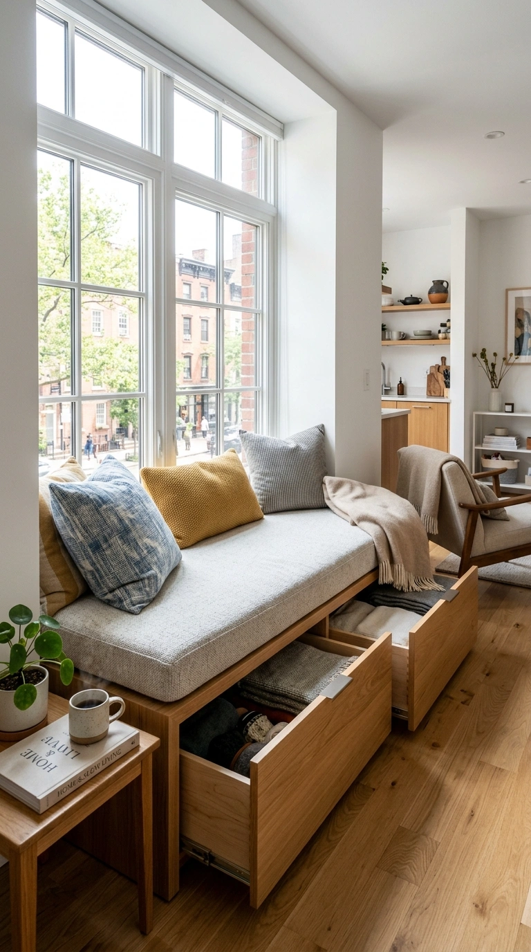 021 Window Seat Storage A studio apartment with a deep