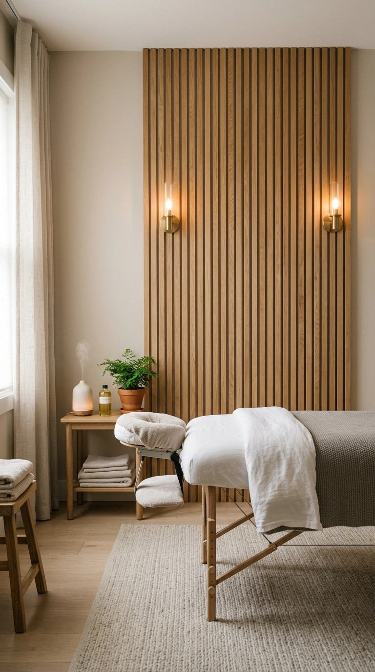24 Dreamy Massage Room Ideas for Your Own Home Spa 22 021 Wood Slat Wall A vertical wood slat accent wall be