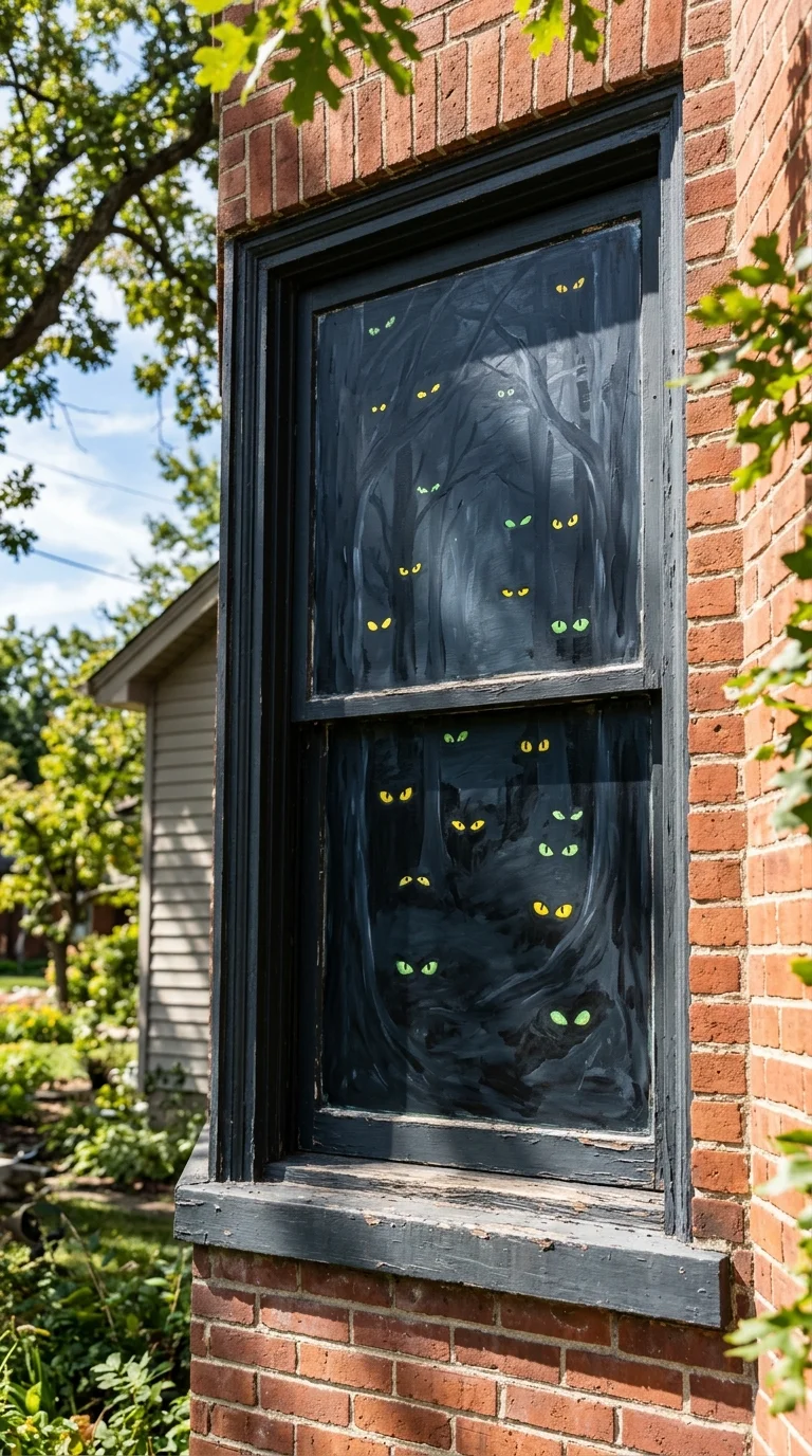 22 Halloween Window Painting Ideas to Make Your Home Stand Out 23 022 22Glow in Dark Eyes A side window painted mostly d